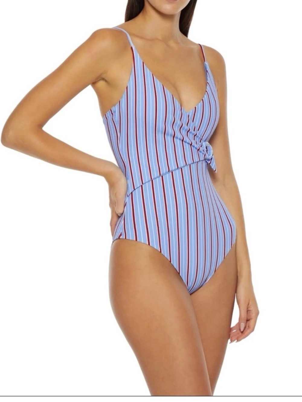 Onia Lila Faux Wrap Belted One Piece Swimsuit XL Blue Red Stripe Ribbed